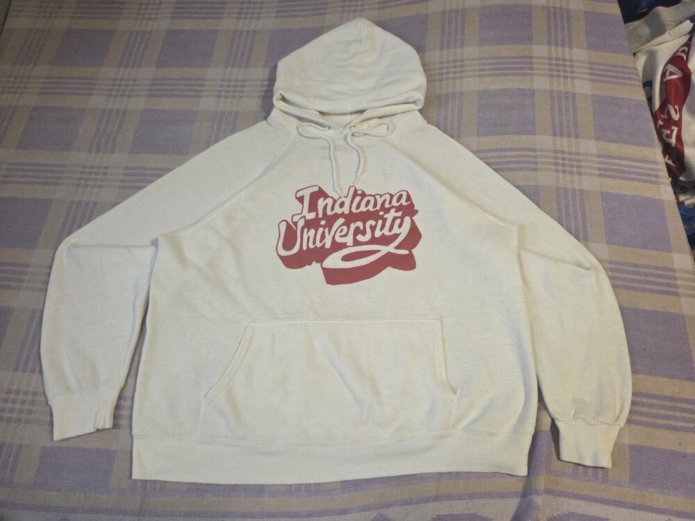 Vintage 70s Indiana University Raglan Hoodie USA Made White Red College Thin
